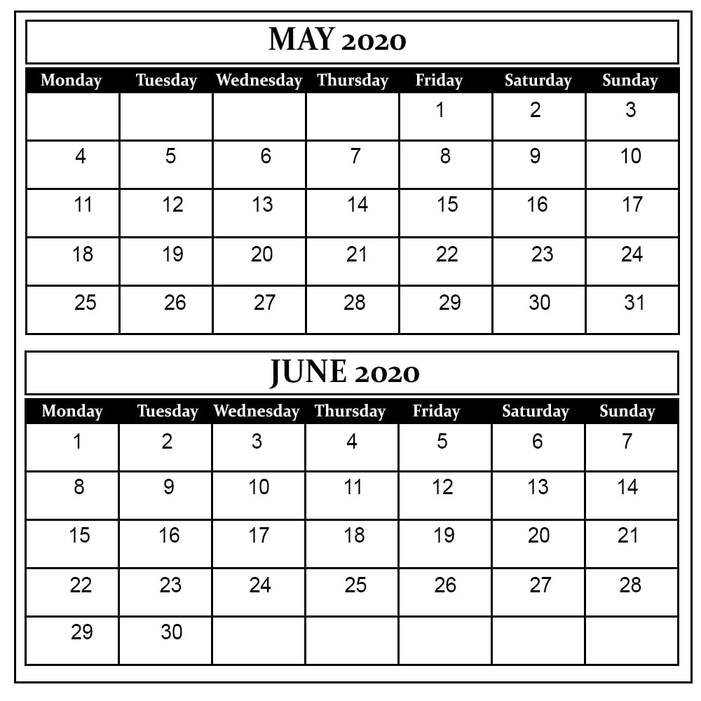 May and June 2020 Free Printable Calendar