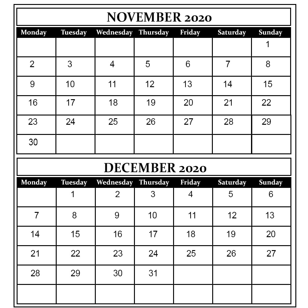 November and December 2020 Free Printable Calendar