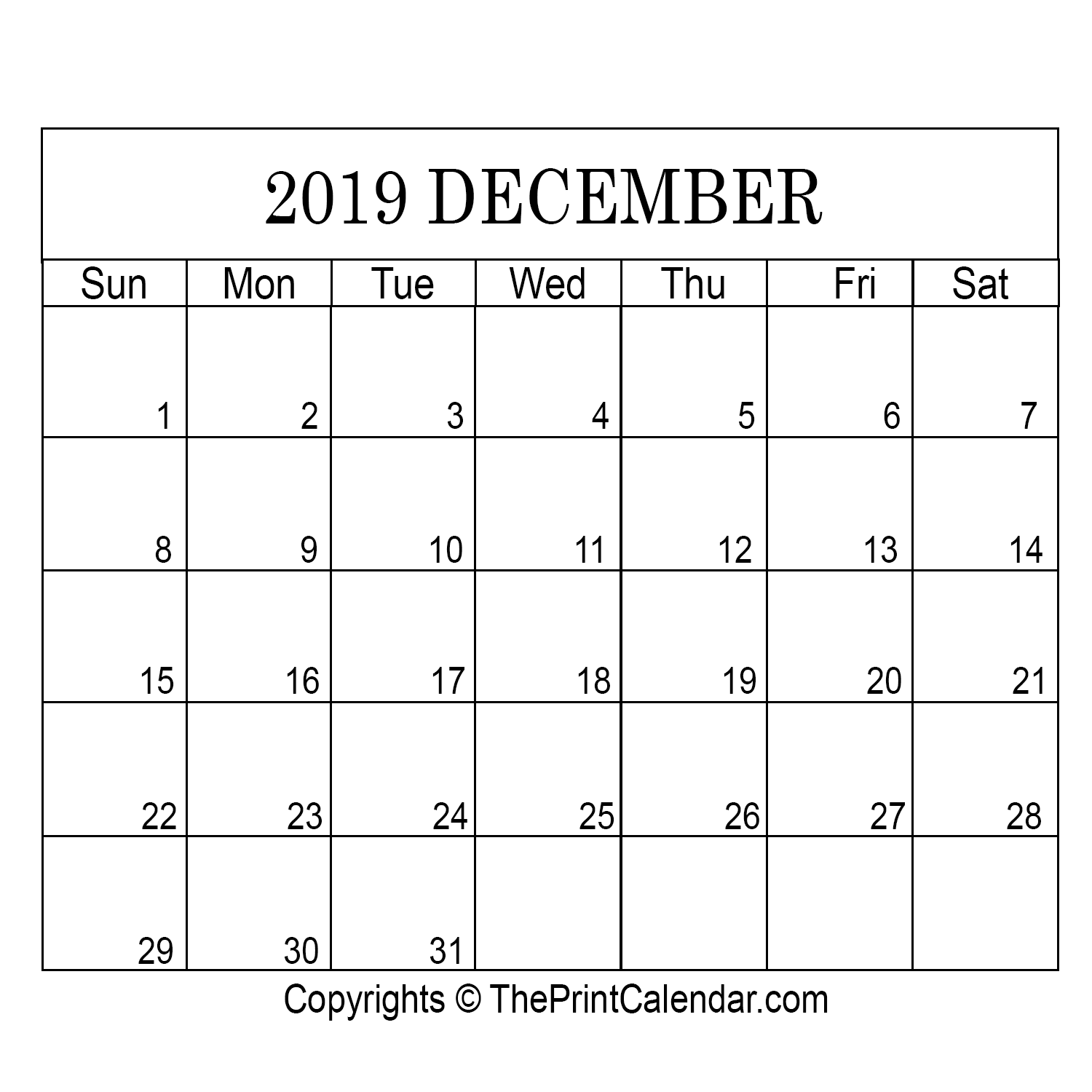 December 2019 Printable Calendar Template PDF Word Excel