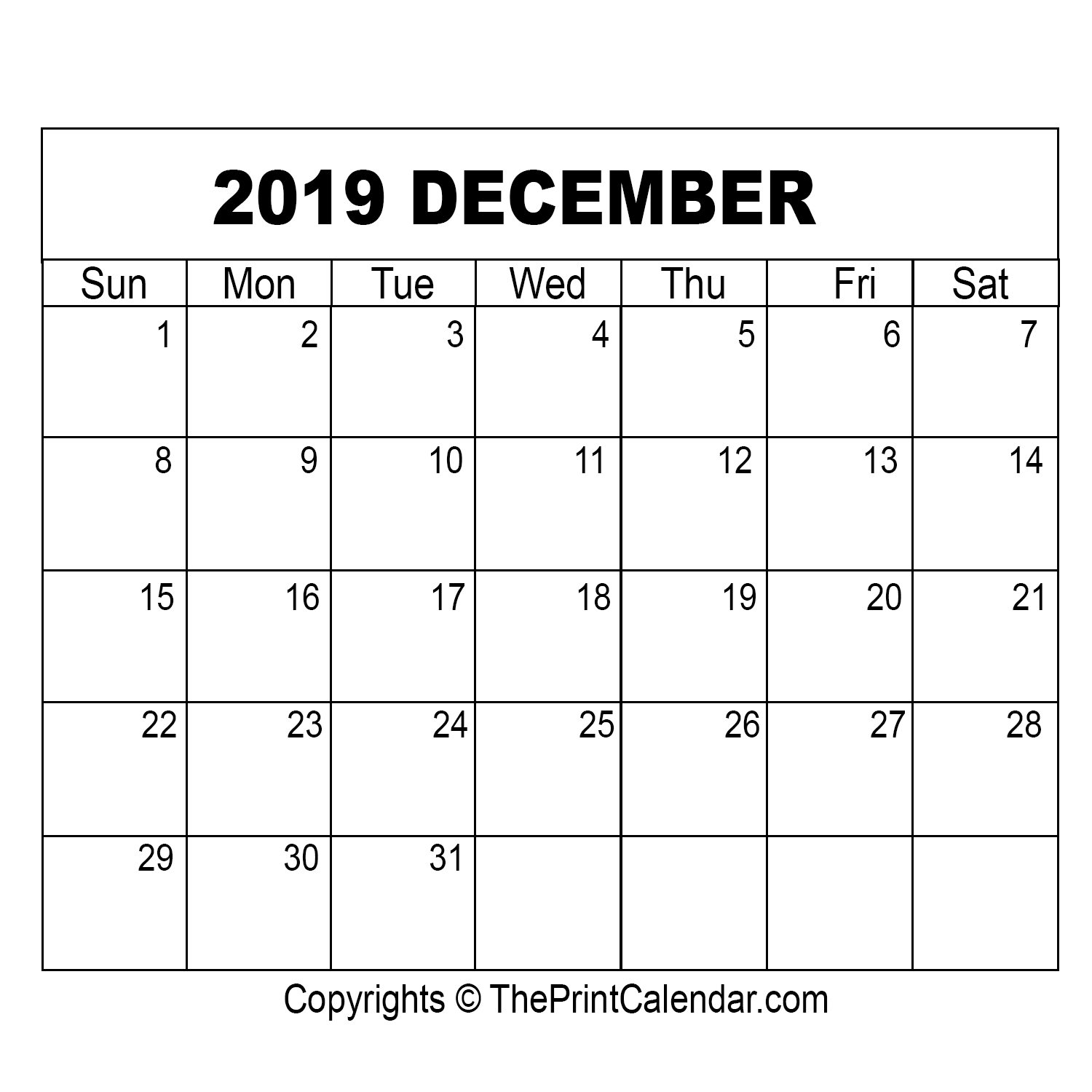 December 2019 Printable Calendar Template [PDF, Word & Excel]
