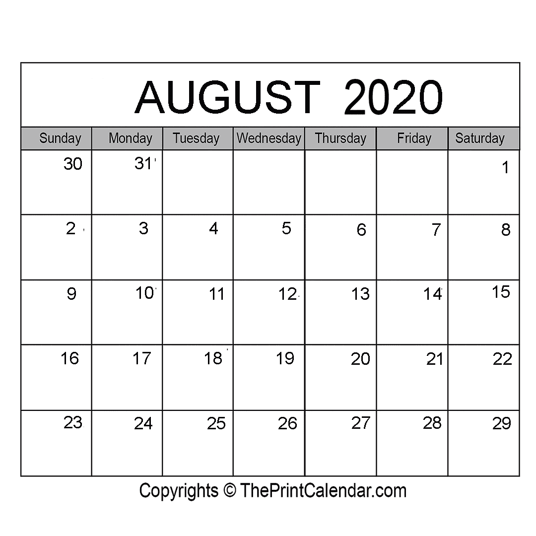 August 2020 Printable Calendar Template [PDF, Word & Excel]