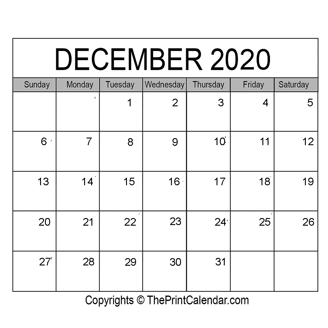 December 2020 Printable Calendar Template [PDF, Word & Excel]