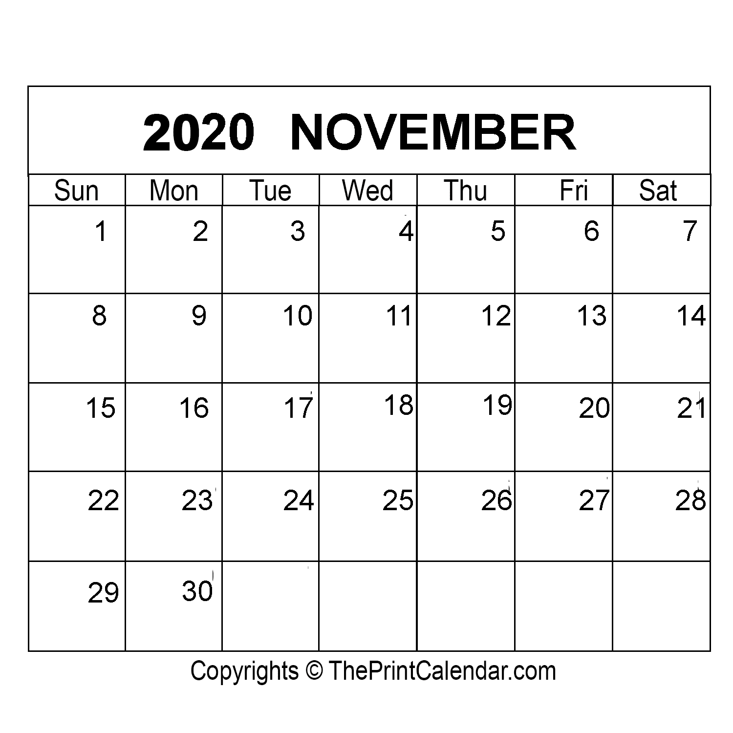 November 2020 Printable Calendar Template PDF, Word & Excel