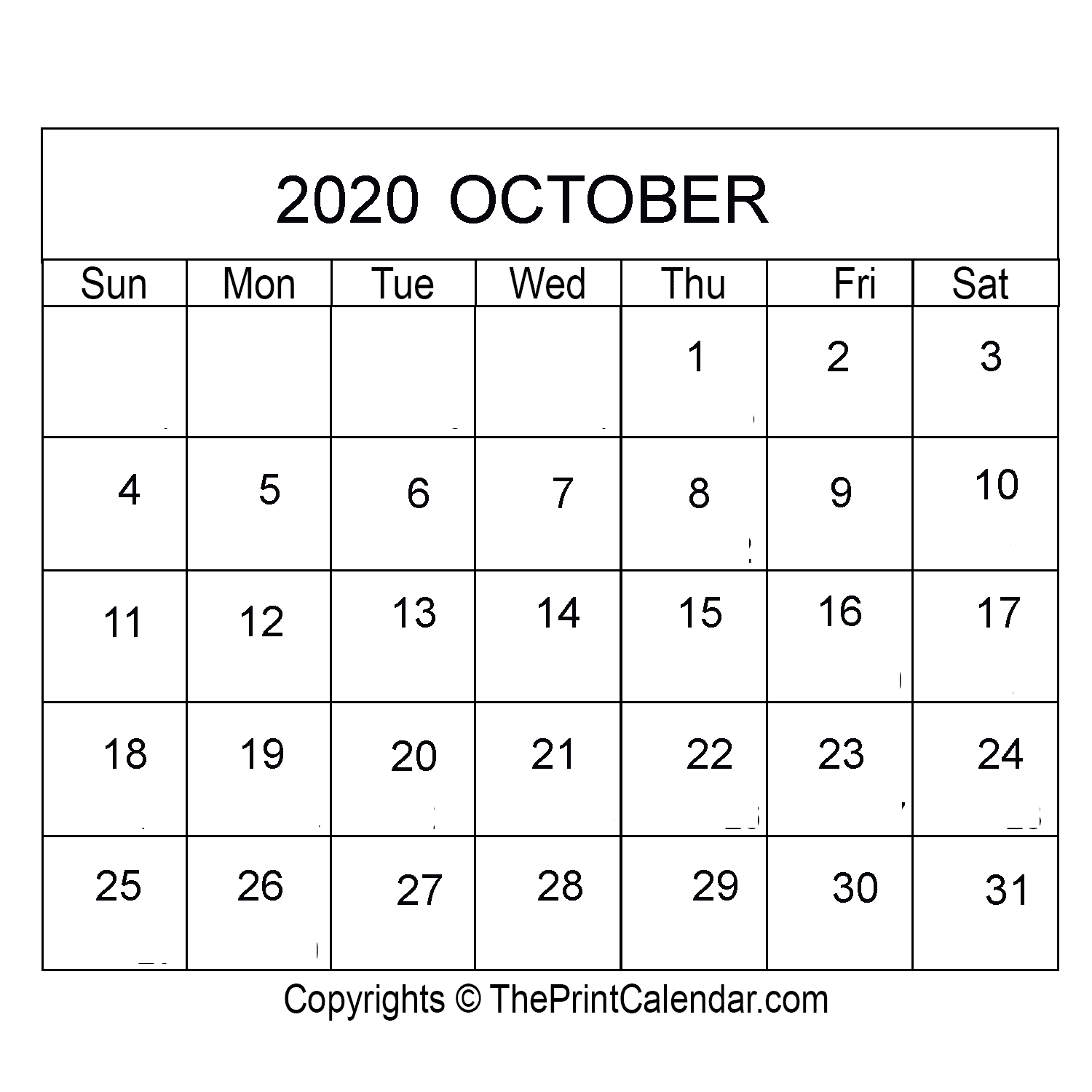 October 2020 Printable Calendar Template [PDF, Word & Excel]