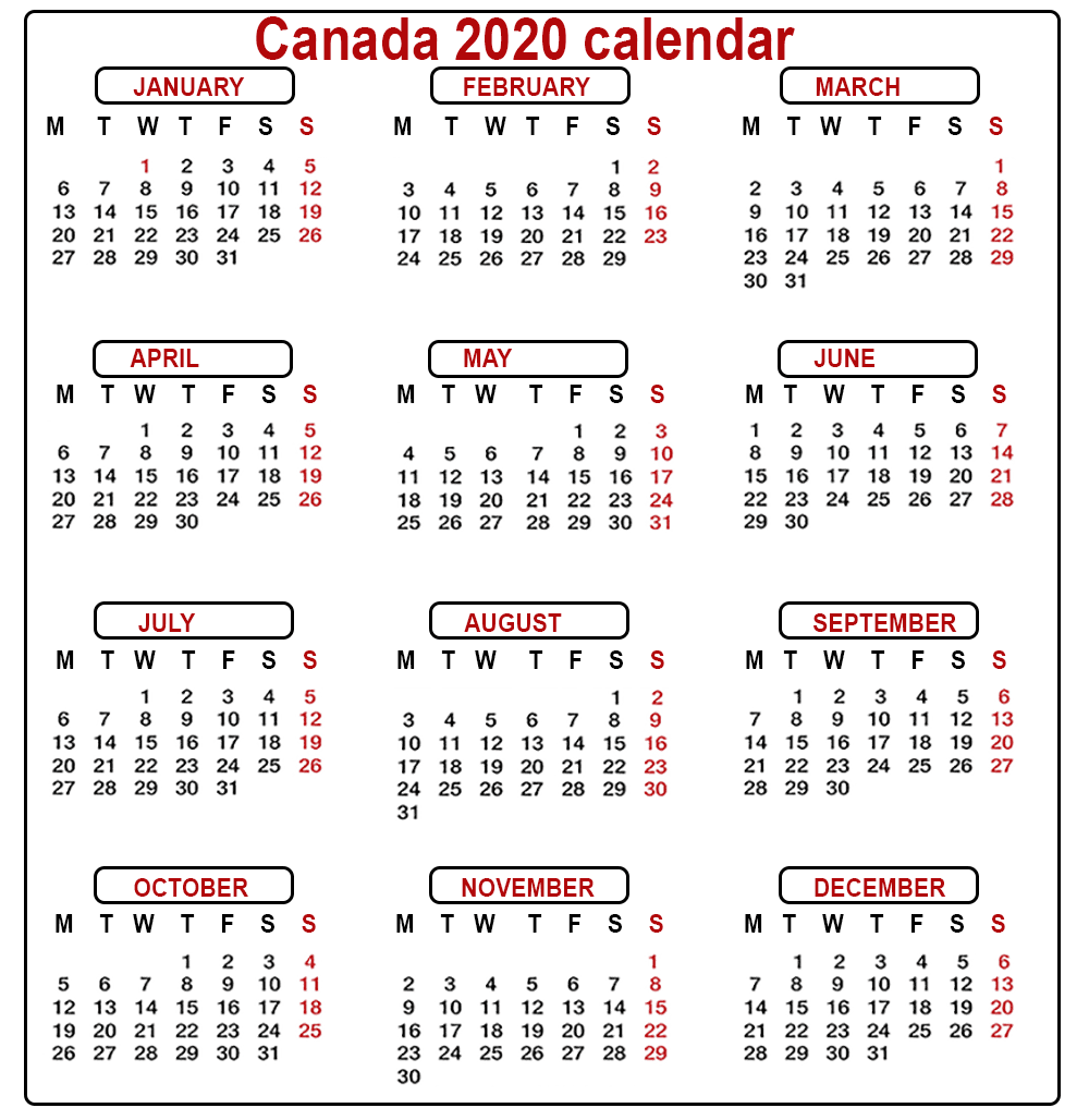 Canada Calendar 2020 Printable