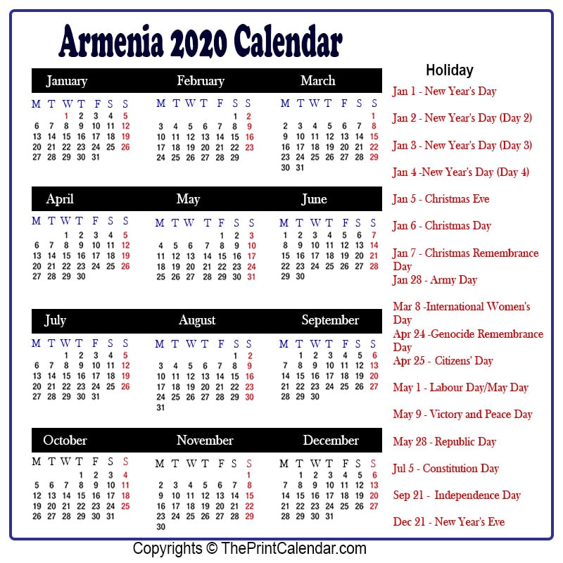Calendar 2020 Armenia Armenia 2020 Yearly Printable Calendar
