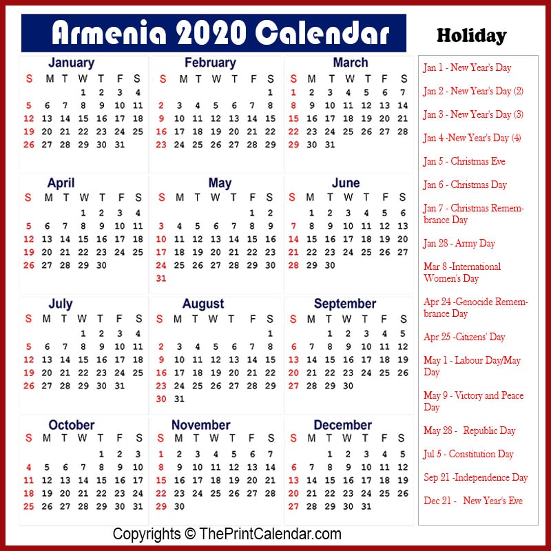 armenian calendar 2021 Calendar 2020 Armenia Armenia 2020 Yearly Printable Calendar armenian calendar 2021