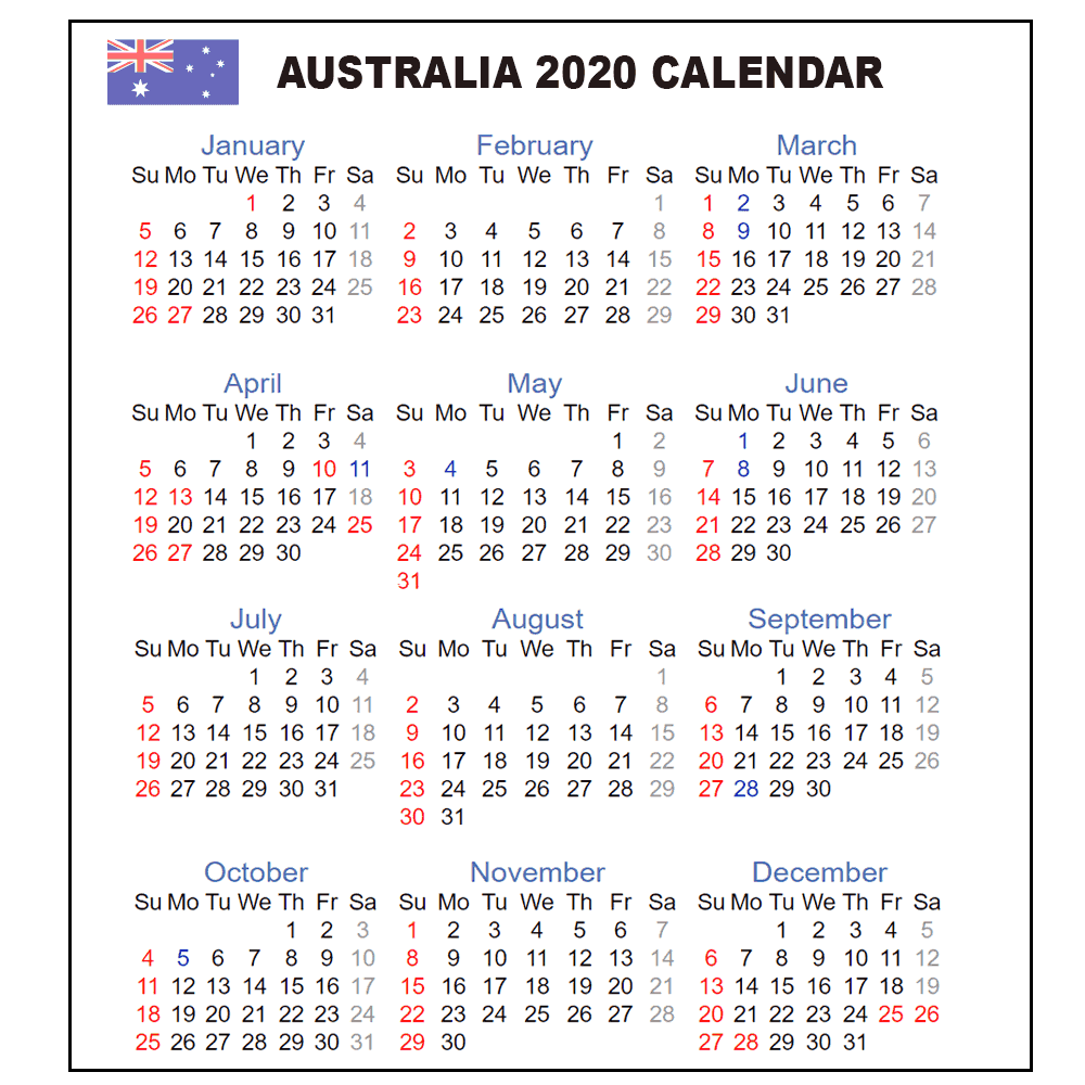 Calendar 2020 Australia Australia 2020 Yearly Printable Calendar