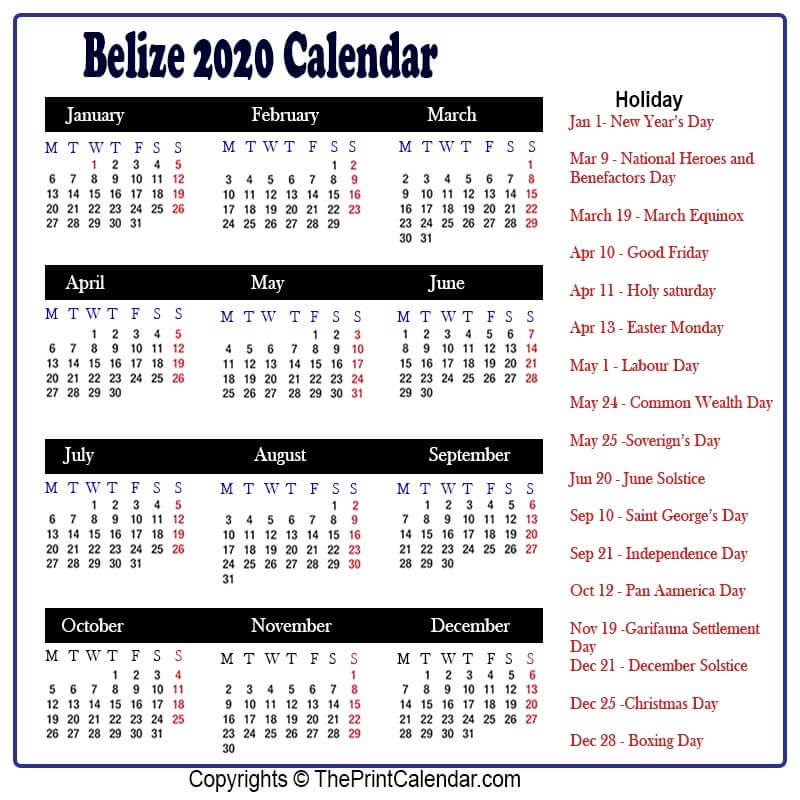 Calendar 2020 Belize | Belize 2020 Yearly Printable Calendar