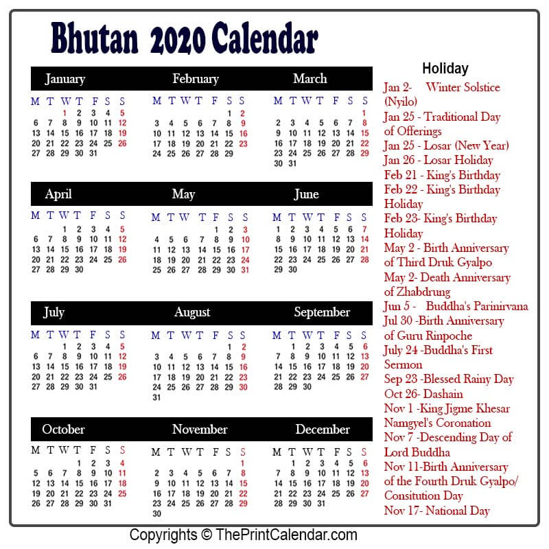 Calendar 2020 Bhutan Bhutan 2020 Yearly Printable Calendar