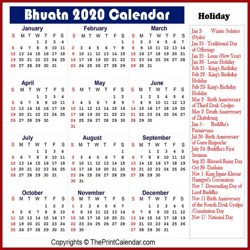 Calendar 2020 Bhutan | Bhutan 2020 Yearly Printable Calendar