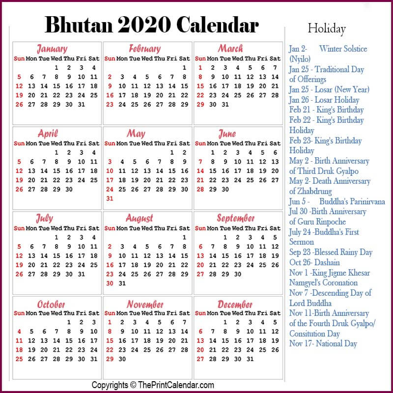 Calendar 2020 Bhutan | Bhutan 2020 Yearly Printable Calendar