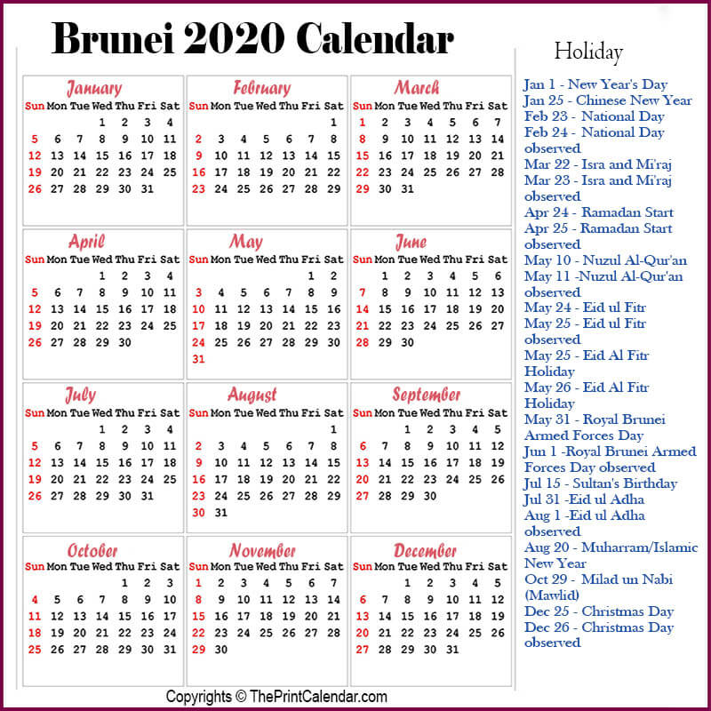 Calendar 2020 Brunei  Brunei 2020 Yearly Printable Calendar