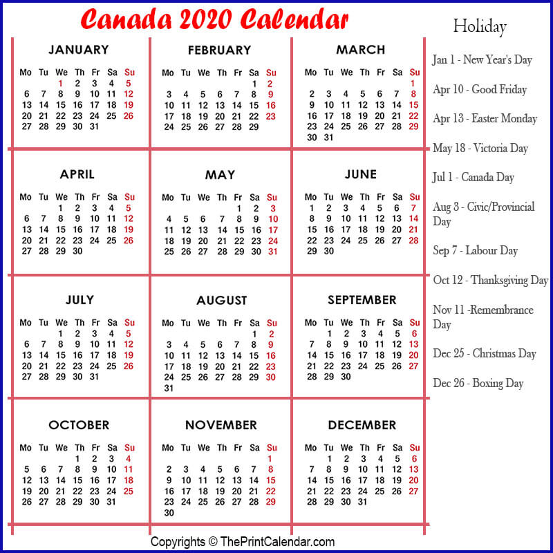 Calendar 2020 Canada