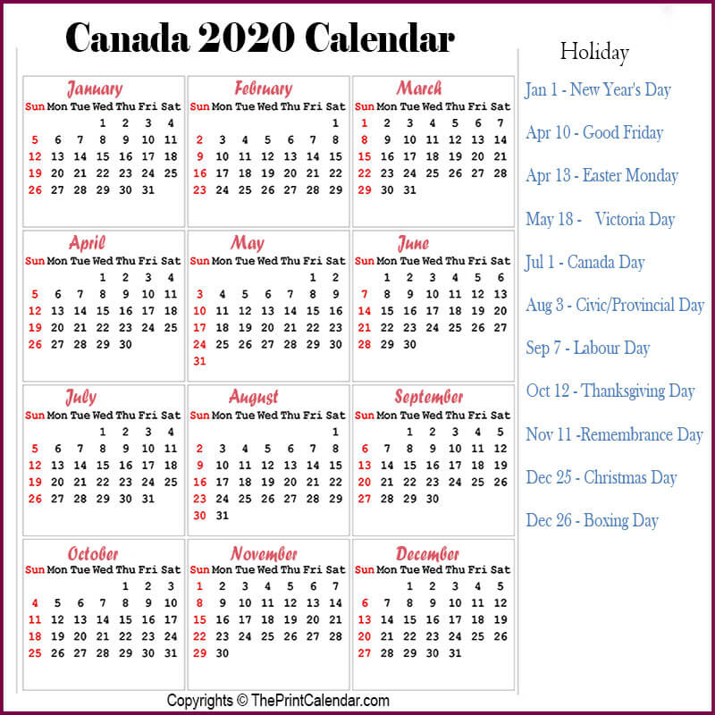 Calendar 2020 Canada | Canada 2020 Yearly Printable Calendar