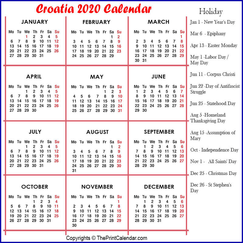 Croatia 2020 Calendar