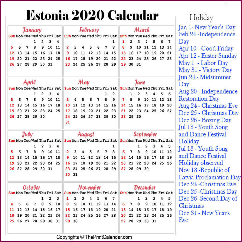 Estonia 2020 Calendar