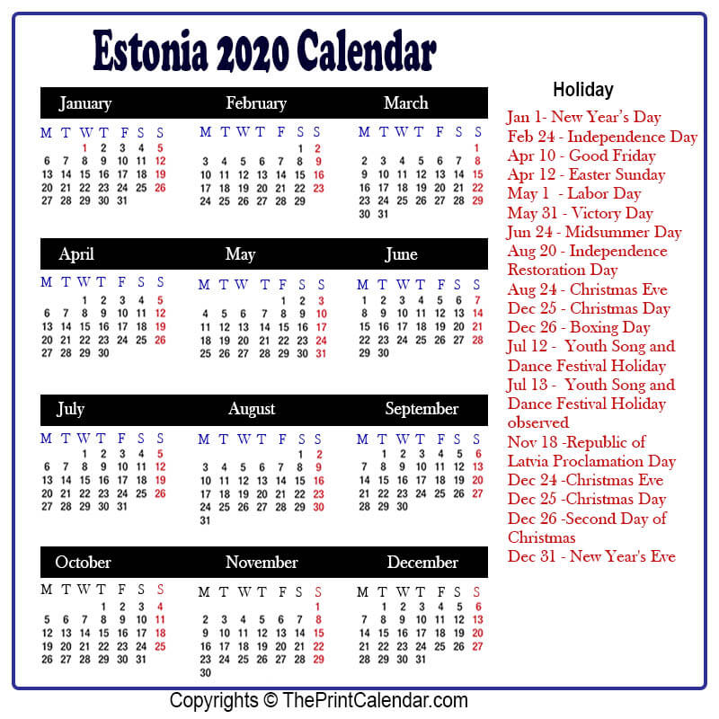 Estonia Calendar 2020