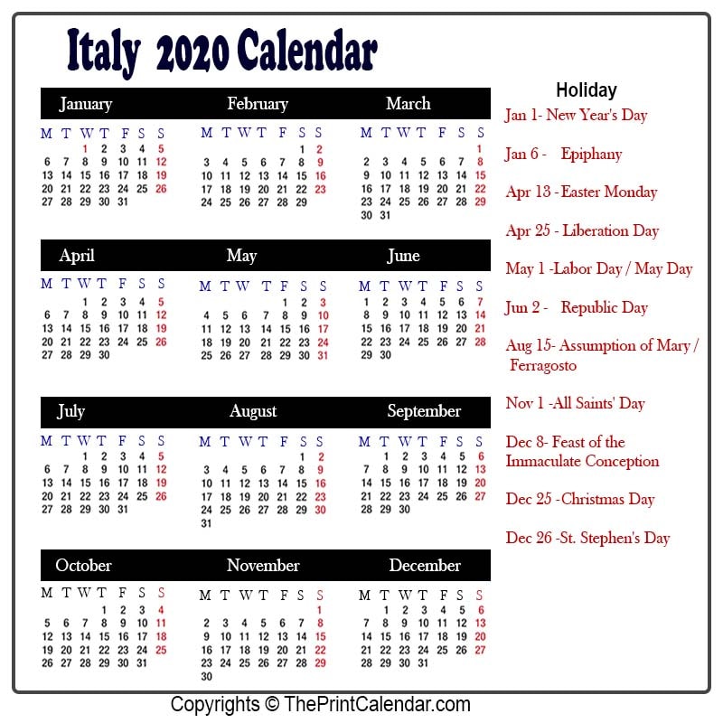 Italy Calendar 2020