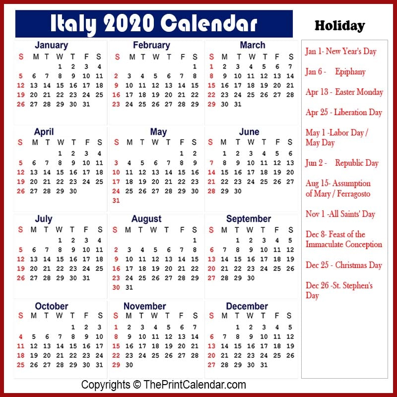 Italy Printable Calendar 2020