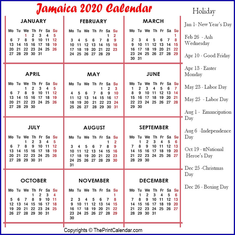 Jamaica Yearly Calendar 2020 