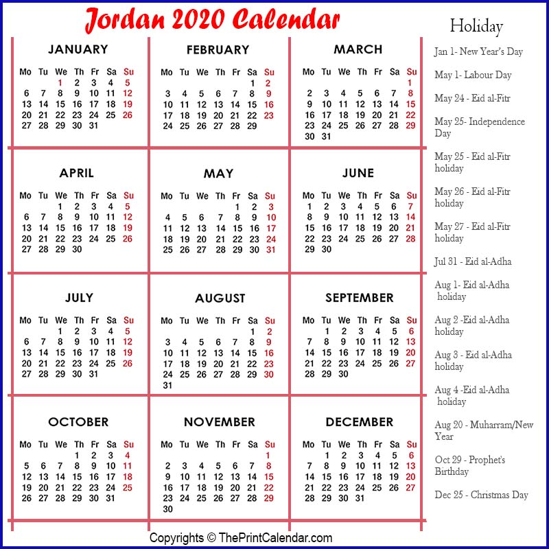 Jordan 2020 Yearly Printable Calendar