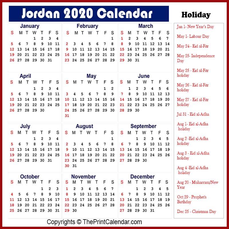 Jordan 2020 Yearly Printable Calendar