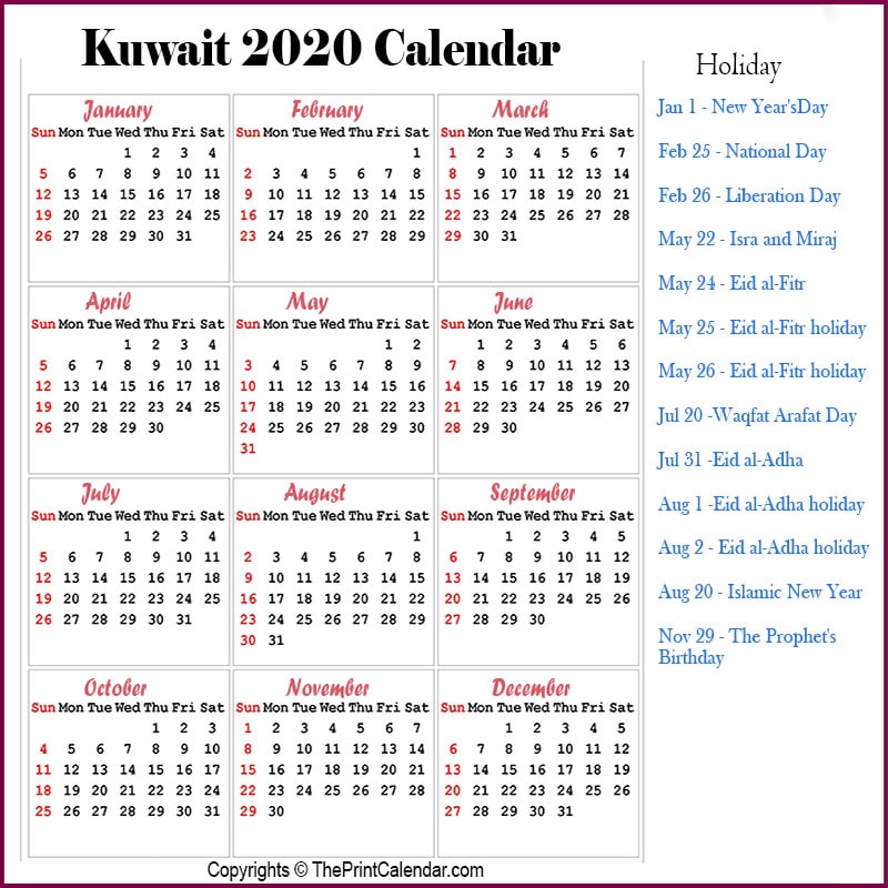 Calendar 2020 Kuwait Kuwait 2020 Yearly Printable Calendar