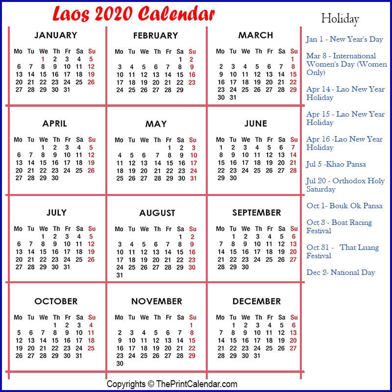 Calendar 2020 Laos Laos 2020 Yearly Printable Calendar