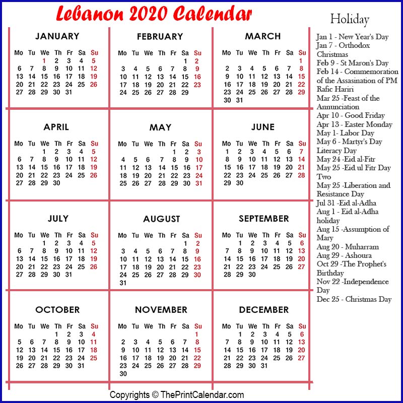 Calendar 2020 Lebanon Lebanon 2020 Yearly Printable Calendar
