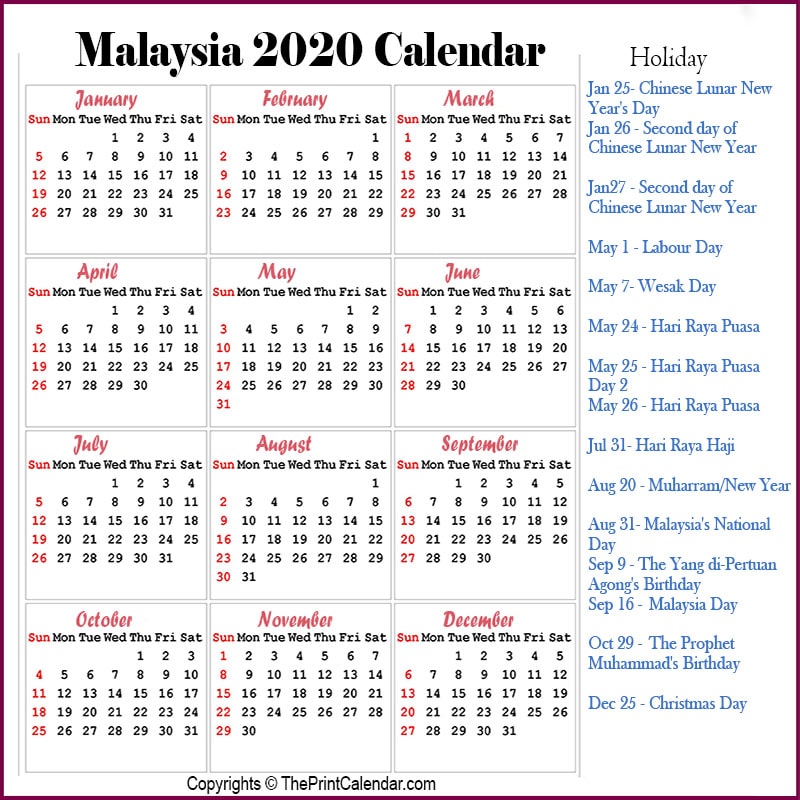 Calendar 2020 Malaysia Malaysia 2020 Yearly Printable Calendar