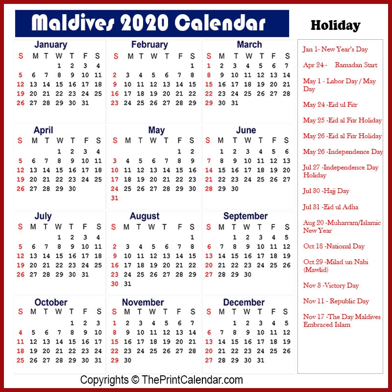 Calendar 2020 Maldives Maldives 2020 Yearly Printable Calendar