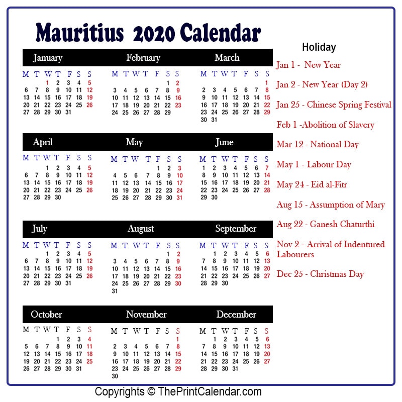 Calendar 2020 Mauritius Mauritius 2020 Yearly Printable Calendar