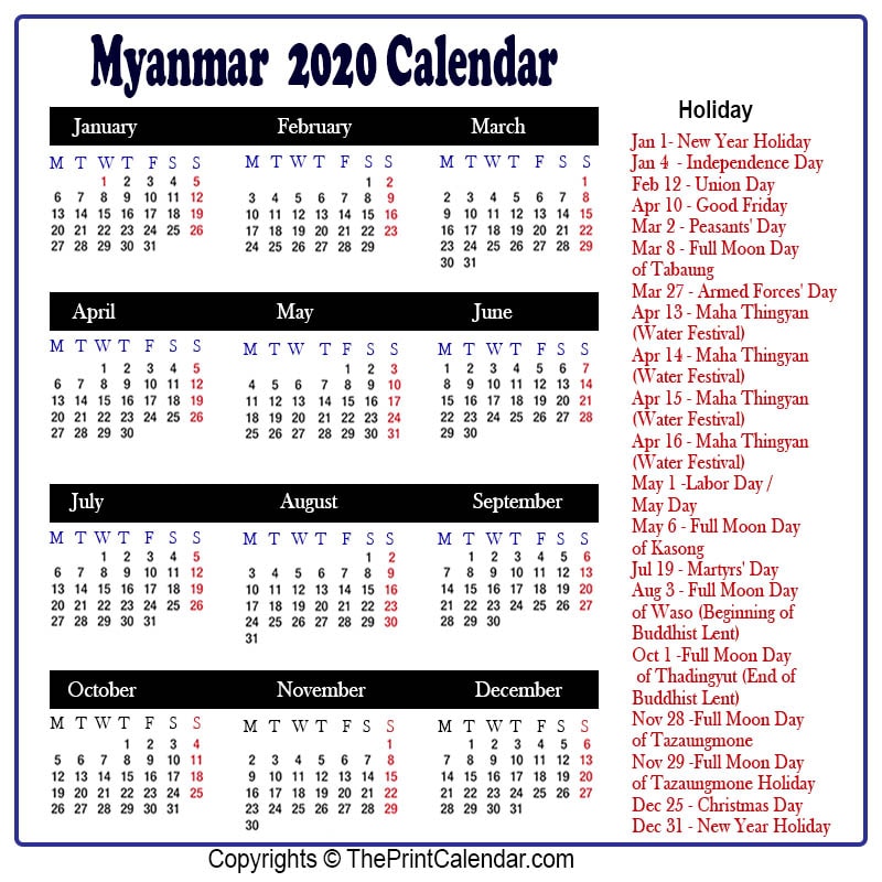 Calendar Myanmar Myanmar Yearly Printable Calendar