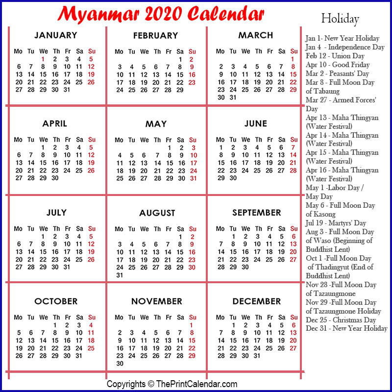 2021 calendar myanmar Calendar 2020 Myanmar Myanmar 2020 Yearly Printable Calendar 2021 calendar myanmar