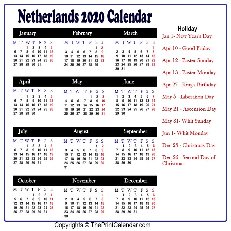 Netherlands Calendar 2020