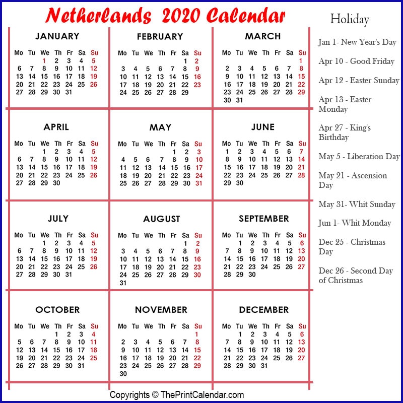 Netherlands Printable Calendar 2020