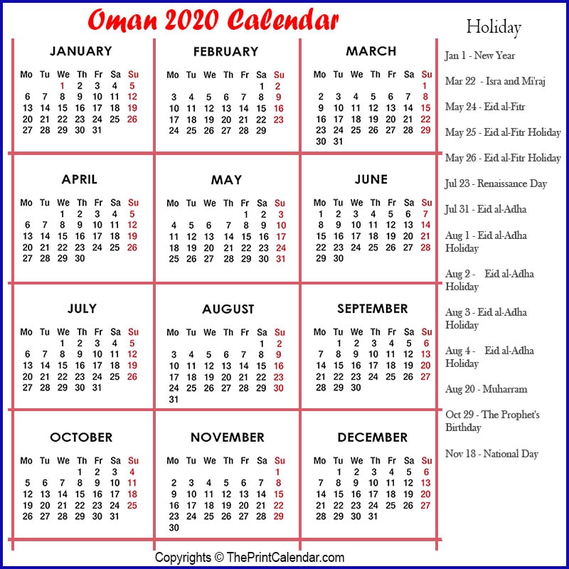 Oman 2020 Calendar