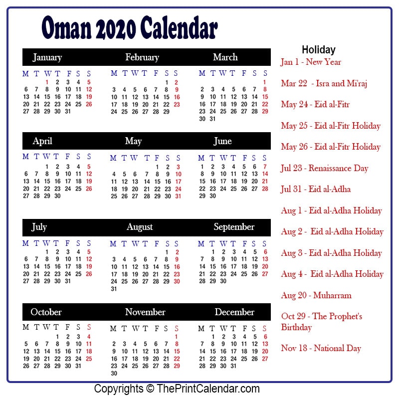 Oman Calendar 2020