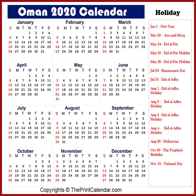 Oman Printable Calendar 2020