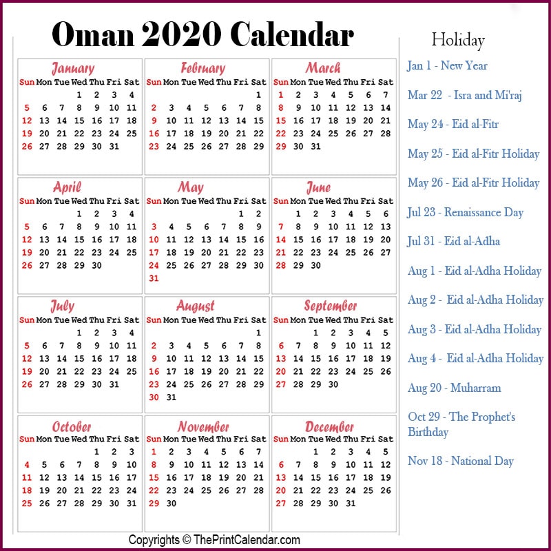 Oman Yearly Calendar 2020