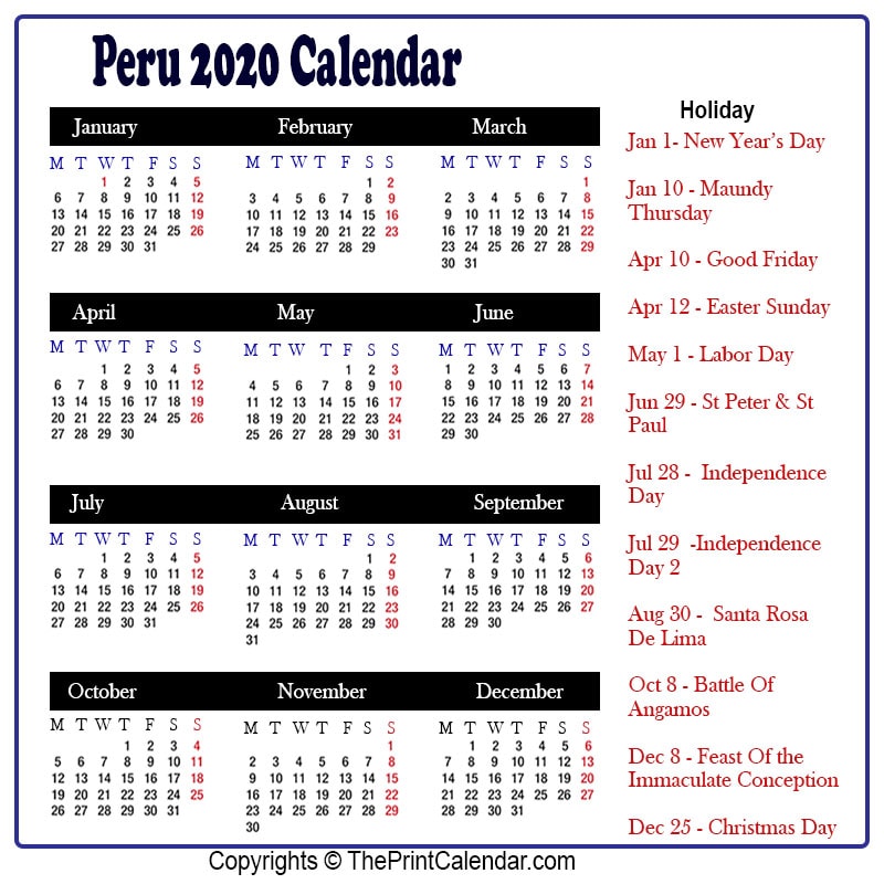 Peru 2020 Calendar