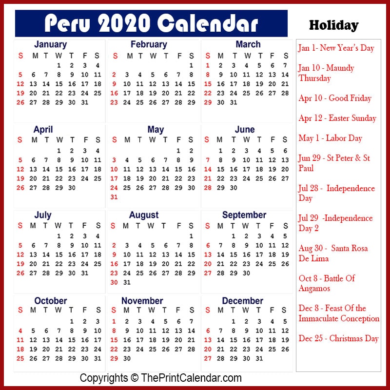 Peru Calendar 2020