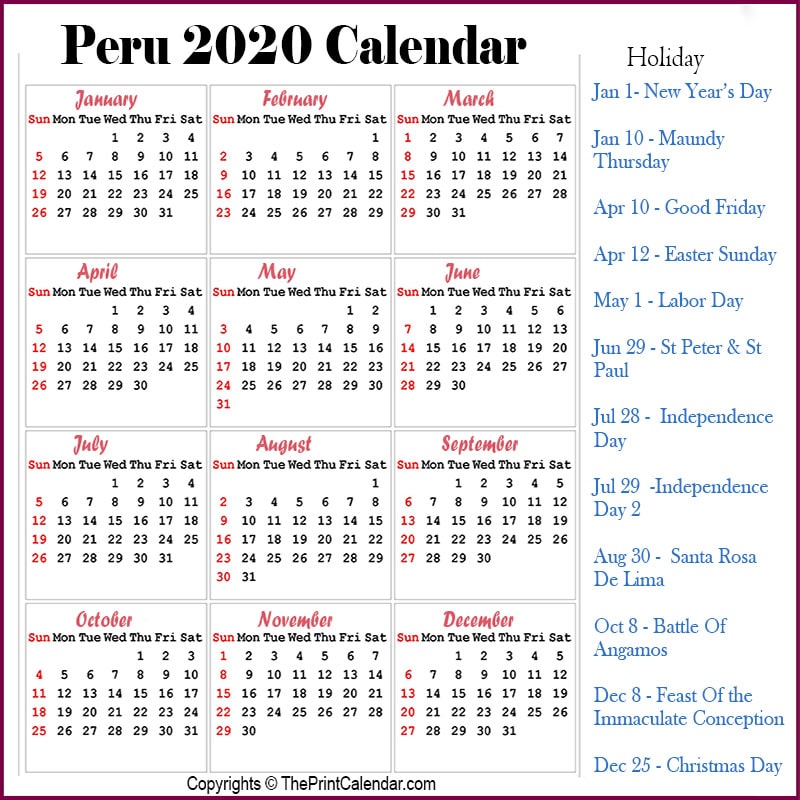 Peru Printable Calendar 2020