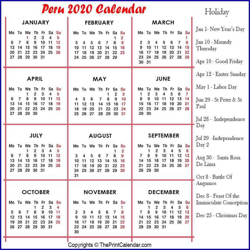 Peru Yearly Calendar 2020