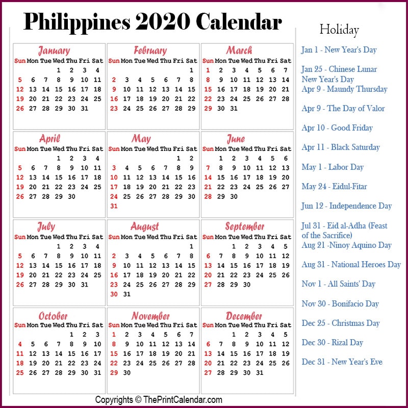 Philippines Printable Calendar 2020