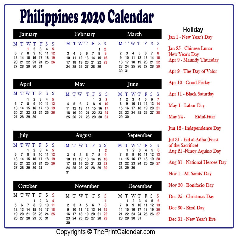 Philippines Yearly Calendar 2020