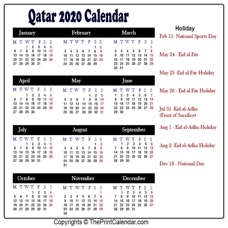 Calendar 2020 Qatar Qatar 2020 Yearly Printable Calendar