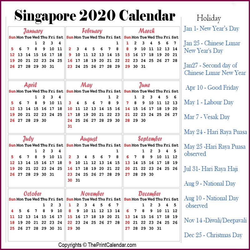Singapore Calendar 2020 With Public Holidays Printable | semashow.com