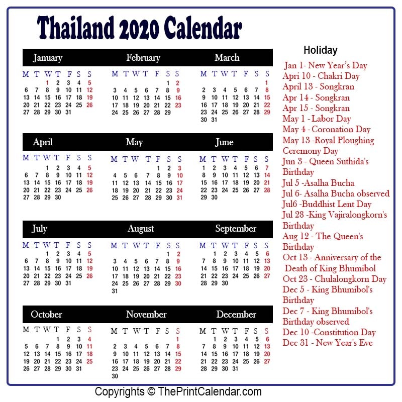Calendar 2020 Thailand Thailand 2020 Yearly Printable Calendar